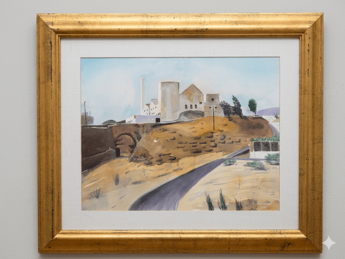 Telde - Gouache on paper, gold frame -  74 x 62 cm