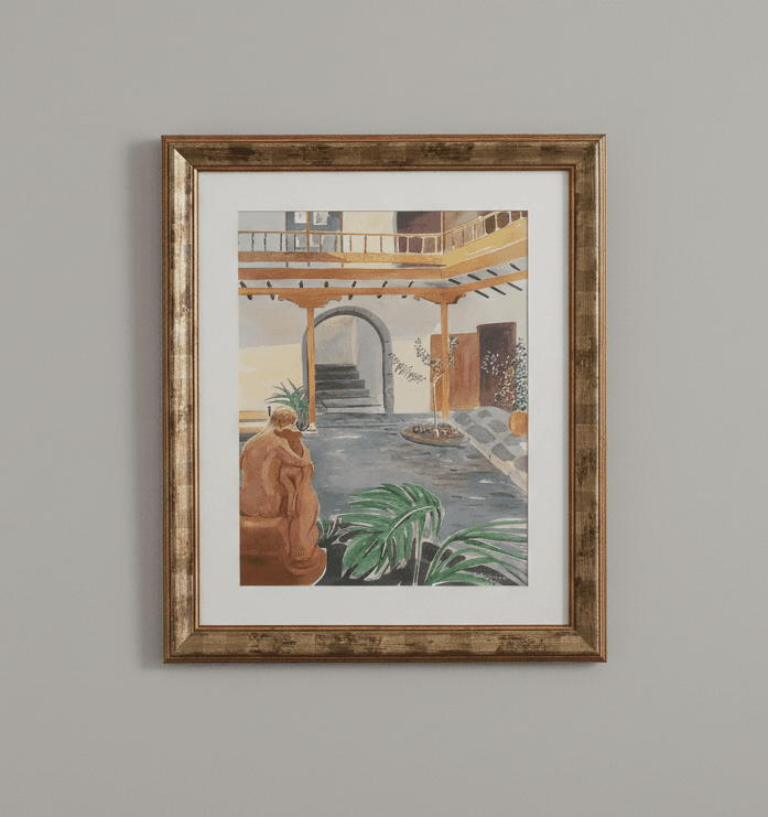 Canarian Patio - Gouache on paper, gold frame -  60 x 72 cm