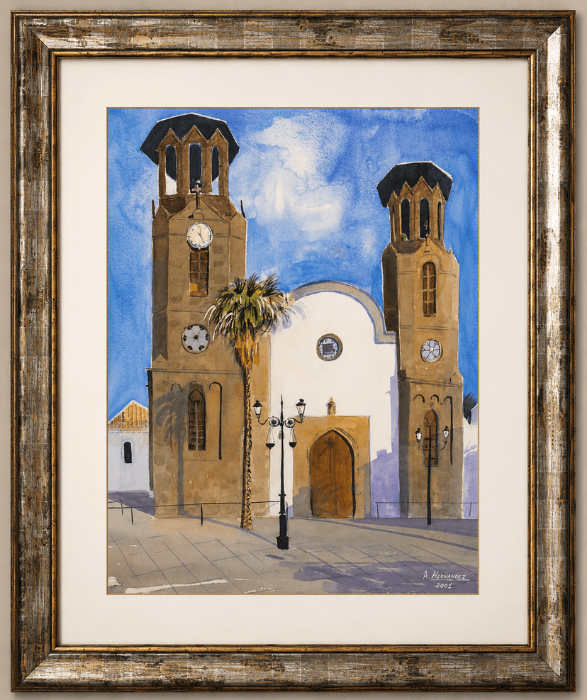Iglesia Canarias - Acuarela sobre papel enmarcada - 60 x 72 cm