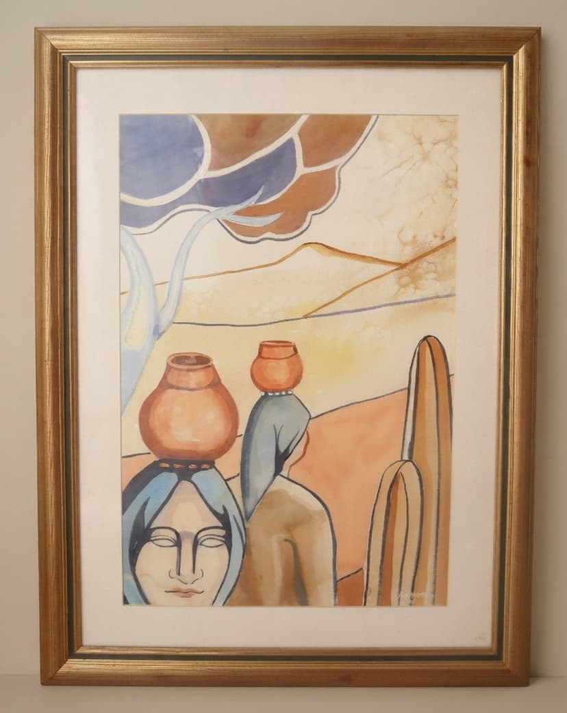 Mujer con gánigo - Acuaraela sobre papel enmarcada - 54 x 74 cm